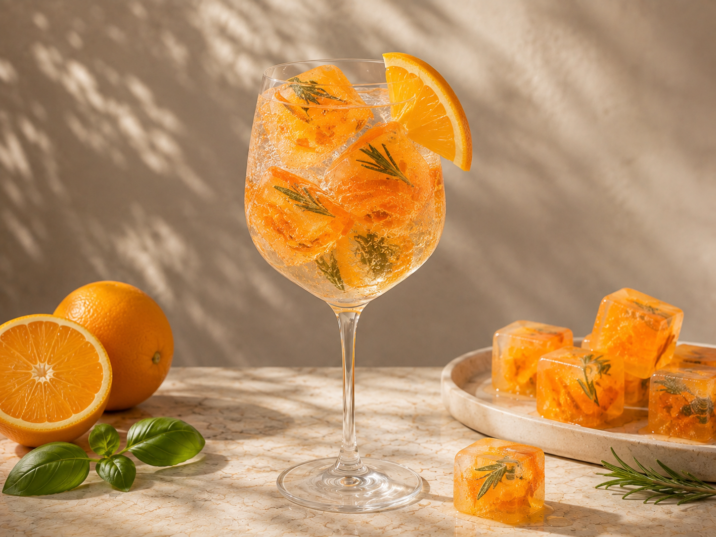 Glaçons Spritz sans alcool colorés dans un verre