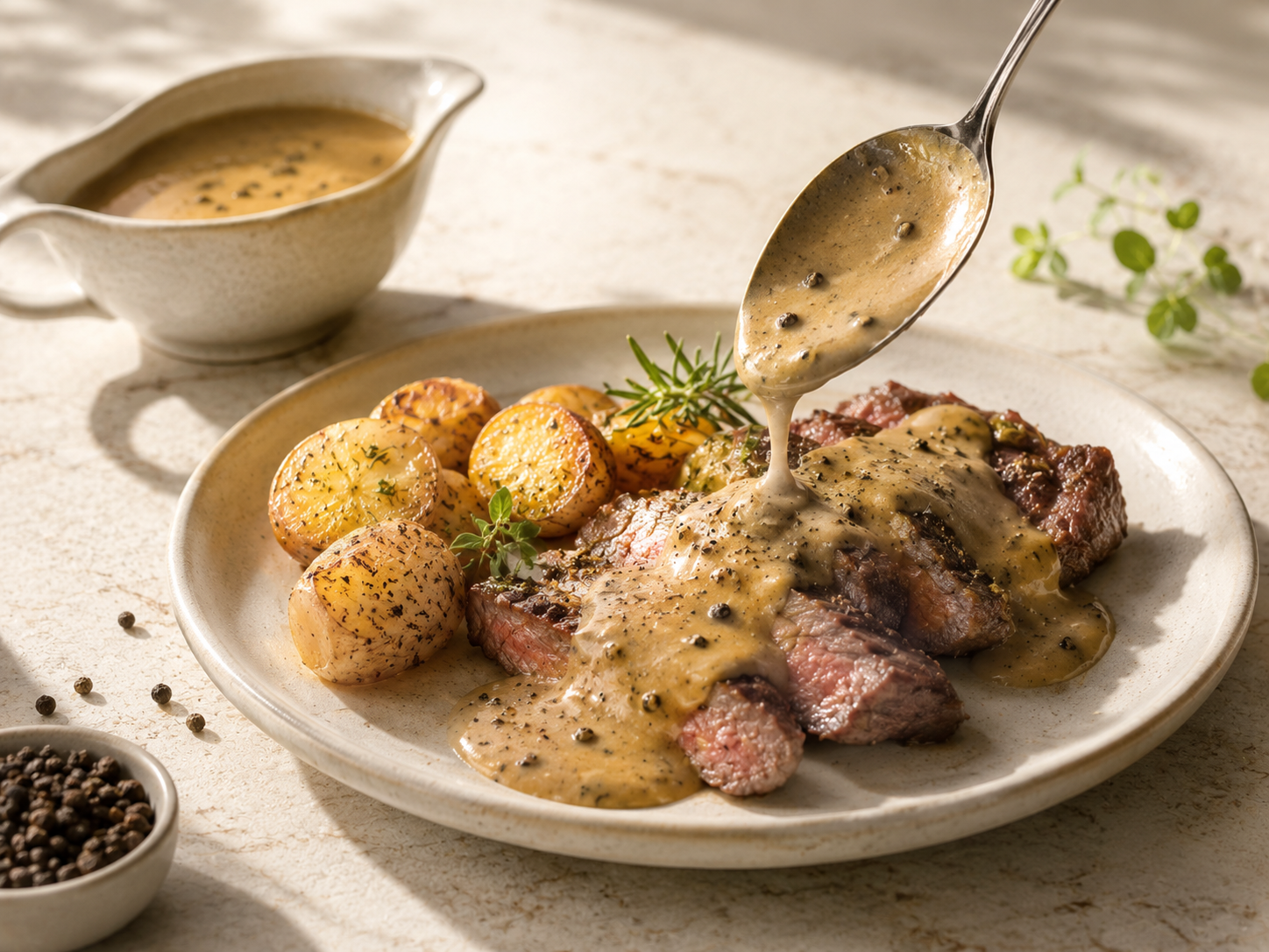 Steak nappé de sauce au poivre au whisky 0,0 % avec pommes de terre